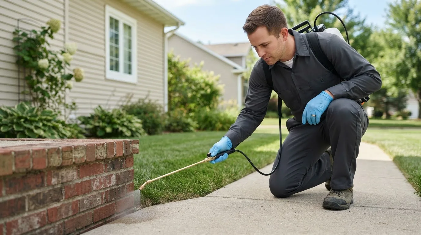 Pest control technician treating a home near Strong City, KS