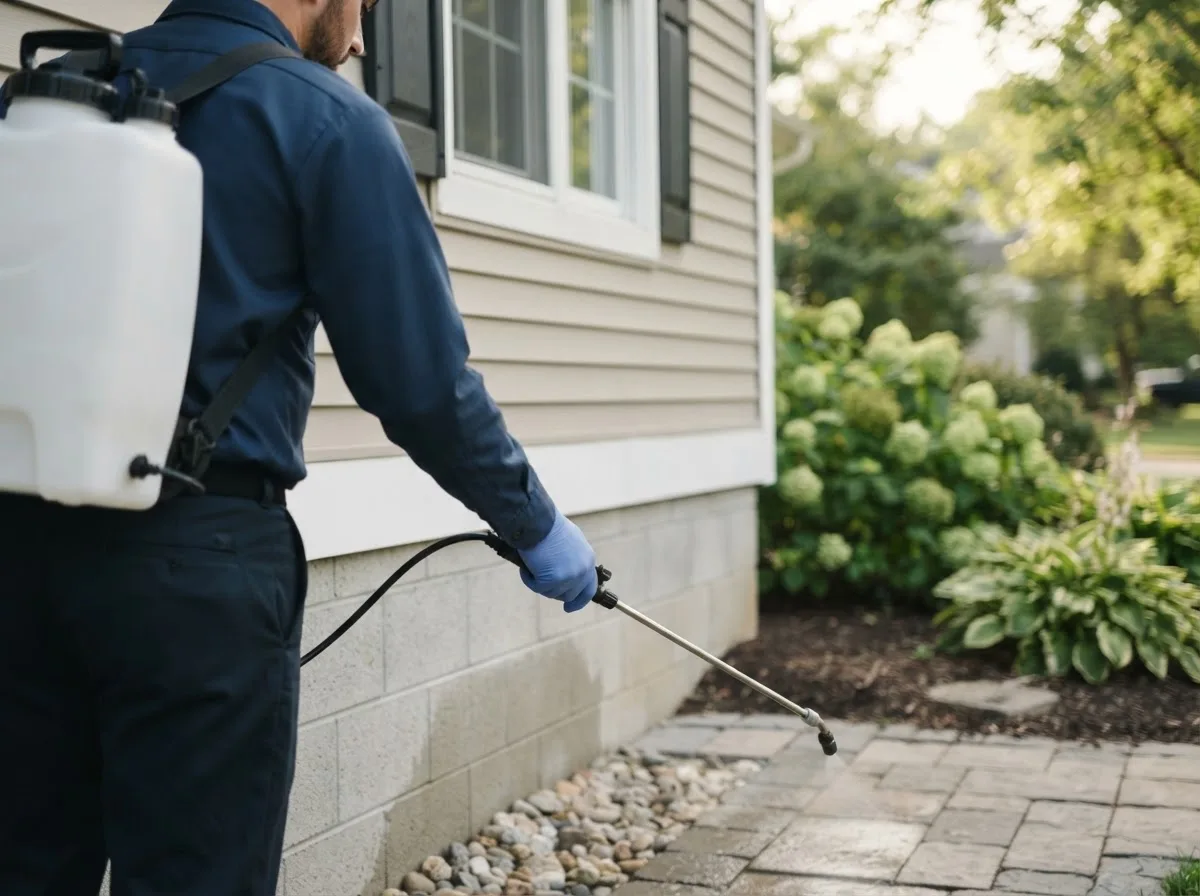 Pest control technician inspecting a home in Strong City, KS